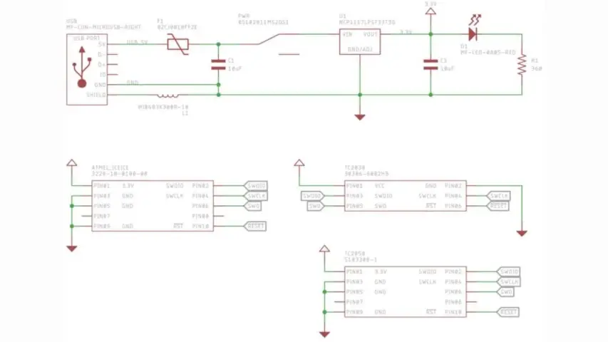 Atmel ICE to Tag Connect adapter. Gets power from USB to power up the DUT.