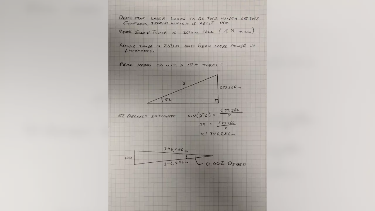 Figure 5: Calculations for how many degrees of accuracy the Death Star needs to hit a target Figure 5: Calculations for how many degrees of accuracy the Death Star needs to hit a target