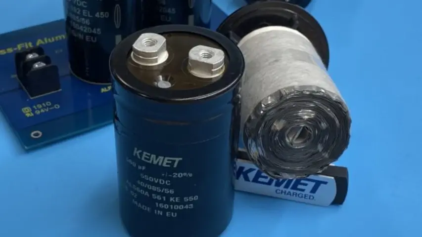 KEMET screw terminal electrolytics and the inner guts. KEMET screw terminal electrolytics and the inner guts.