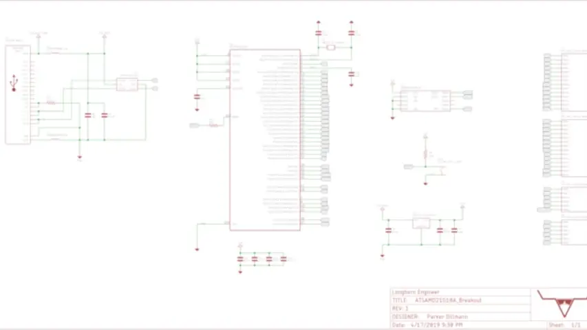 Schematic for the ATSAMD21G18A breakout board. Schematic for the ATSAMD21G18A breakout board.