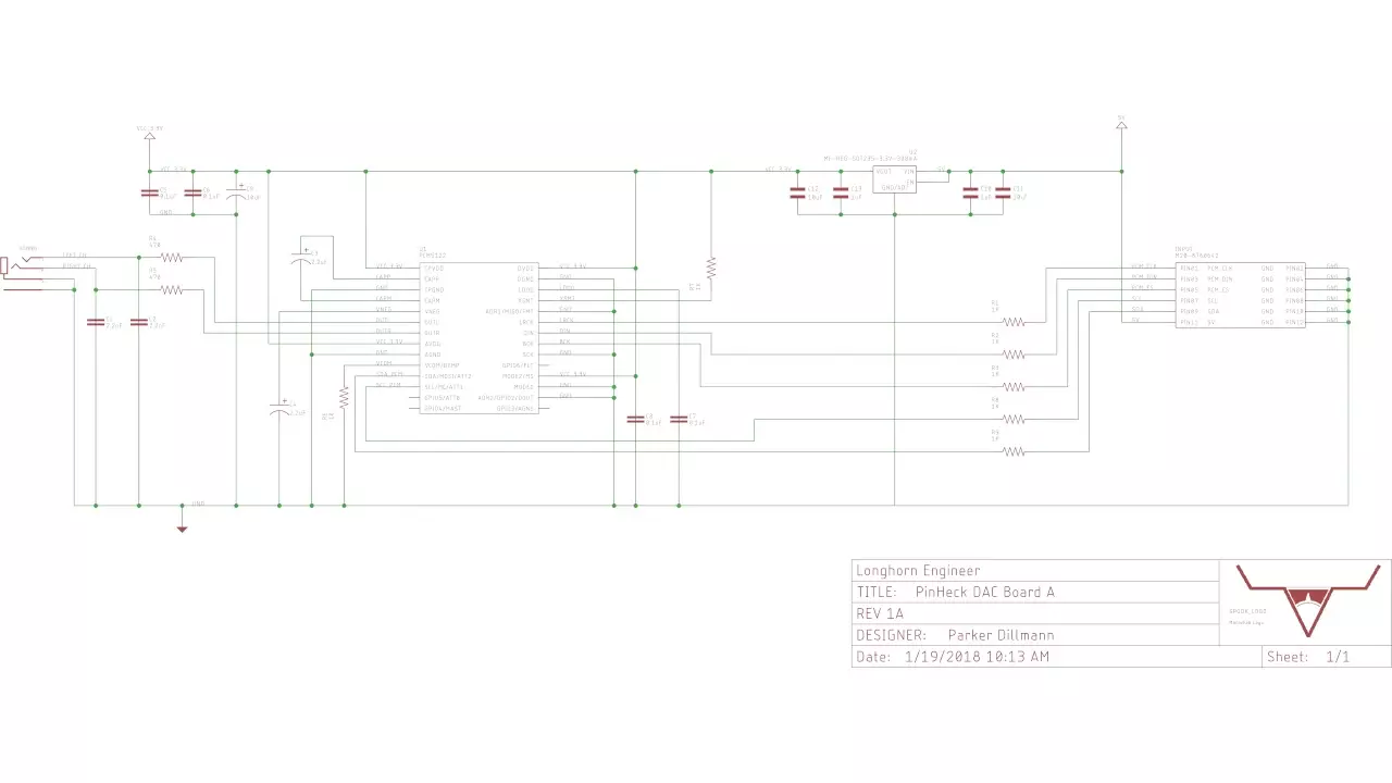 Schematic of the PCM5122 Audio DAC for the pinball platform Parker is working on. Schematic of the PCM5122 Audio DAC for the pinball platform Parker is working on.