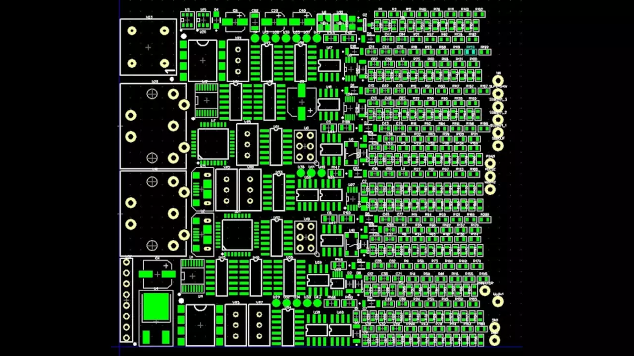 Figure 1: Stephen’s synthesizer “auto placed” parts in Diptrace. Figure 1: Stephen’s synthesizer “auto placed” parts in Diptrace.